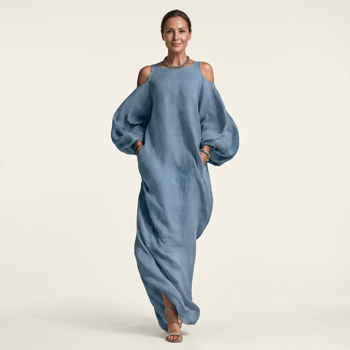 Zelia | Oversized Cold-Shoulder Maxi Dress with Bishop Sleeves & Pockets