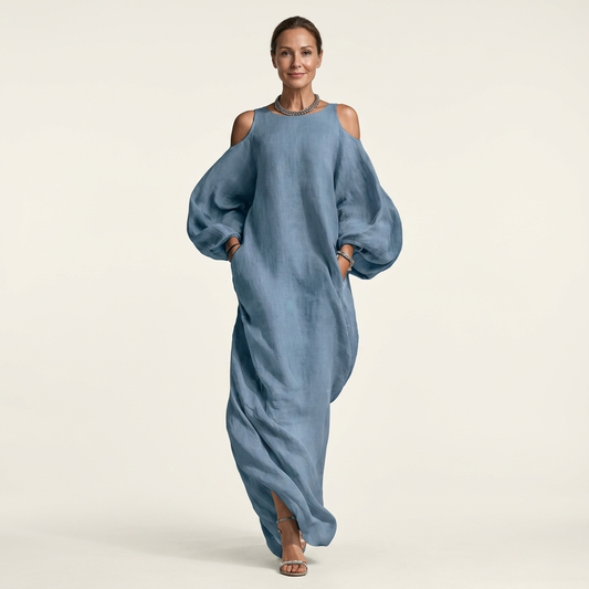 Zelia | Oversized Cold-Shoulder Maxi Dress with Bishop Sleeves & Pockets