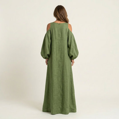 Zelia | Oversized Cold-Shoulder Maxi Dress with Bishop Sleeves & Pockets