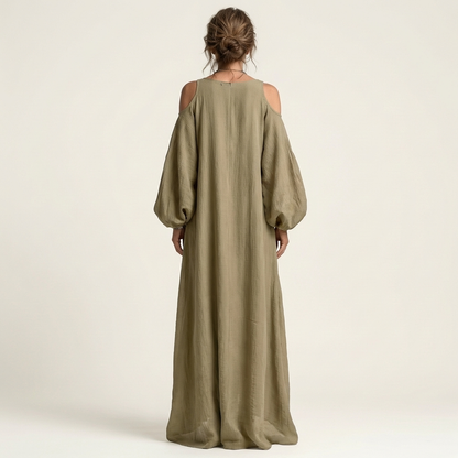Zelia | Oversized Cold-Shoulder Maxi Dress with Bishop Sleeves & Pockets