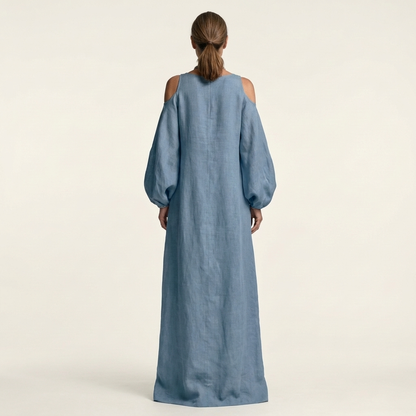 Zelia | Oversized Cold-Shoulder Maxi Dress with Bishop Sleeves & Pockets