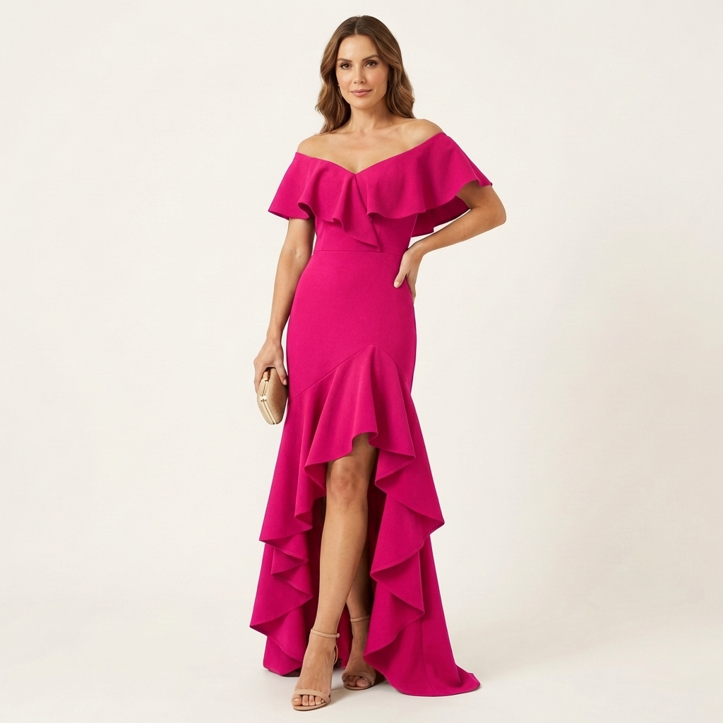 Fabienna | Off-Shoulder Ruffle Neck Mermaid Dress with Hi-Low Tiered Hem