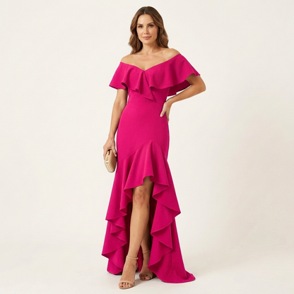Fabienna | Off-Shoulder Ruffle Neck Mermaid Dress with Hi-Low Tiered Hem