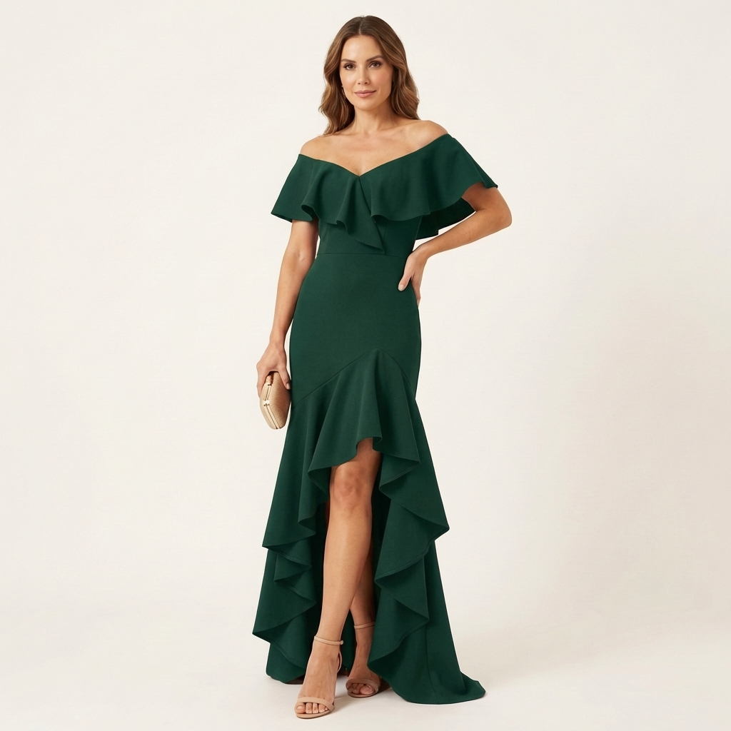 Fabienna | Off-Shoulder Ruffle Neck Mermaid Dress with Hi-Low Tiered Hem