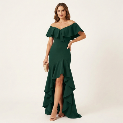 Fabienna | Off-Shoulder Ruffle Neck Mermaid Dress with Hi-Low Tiered Hem
