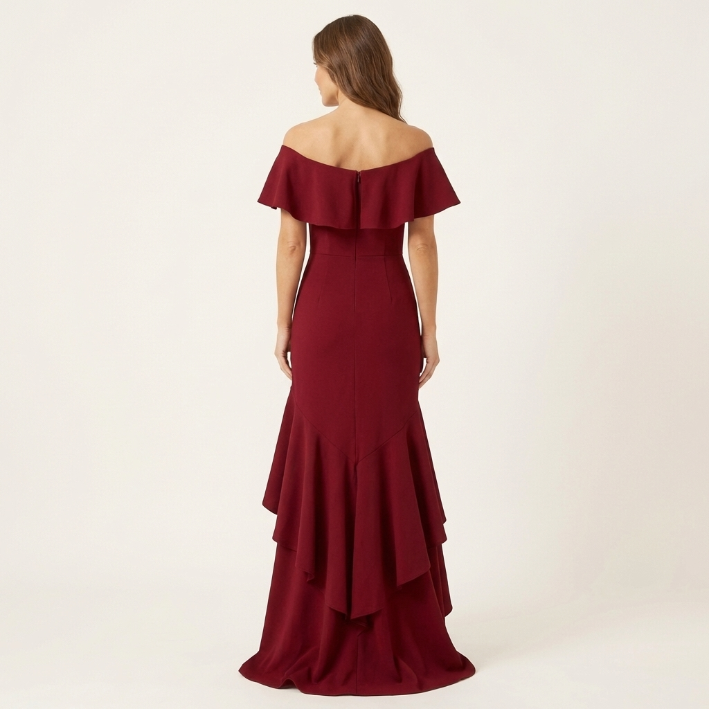 Fabienna | Off-Shoulder Ruffle Neck Mermaid Dress with Hi-Low Tiered Hem