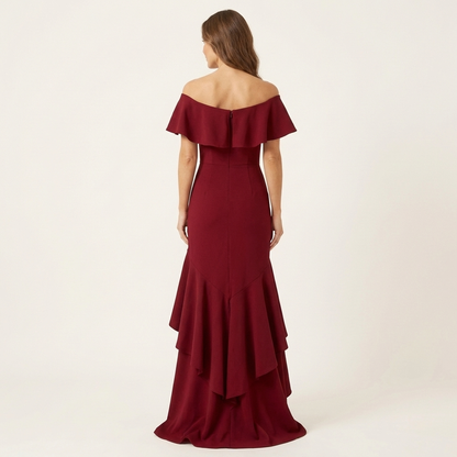 Fabienna | Off-Shoulder Ruffle Neck Mermaid Dress with Hi-Low Tiered Hem