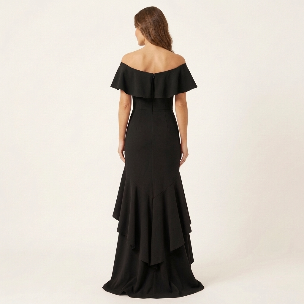 Fabienna | Off-Shoulder Ruffle Neck Mermaid Dress with Hi-Low Tiered Hem