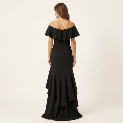 Fabienna | Off-Shoulder Ruffle Neck Mermaid Dress with Hi-Low Tiered Hem