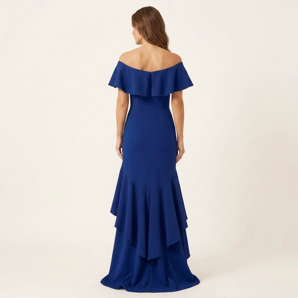 Fabienna | Off-Shoulder Ruffle Neck Mermaid Dress with Hi-Low Tiered Hem