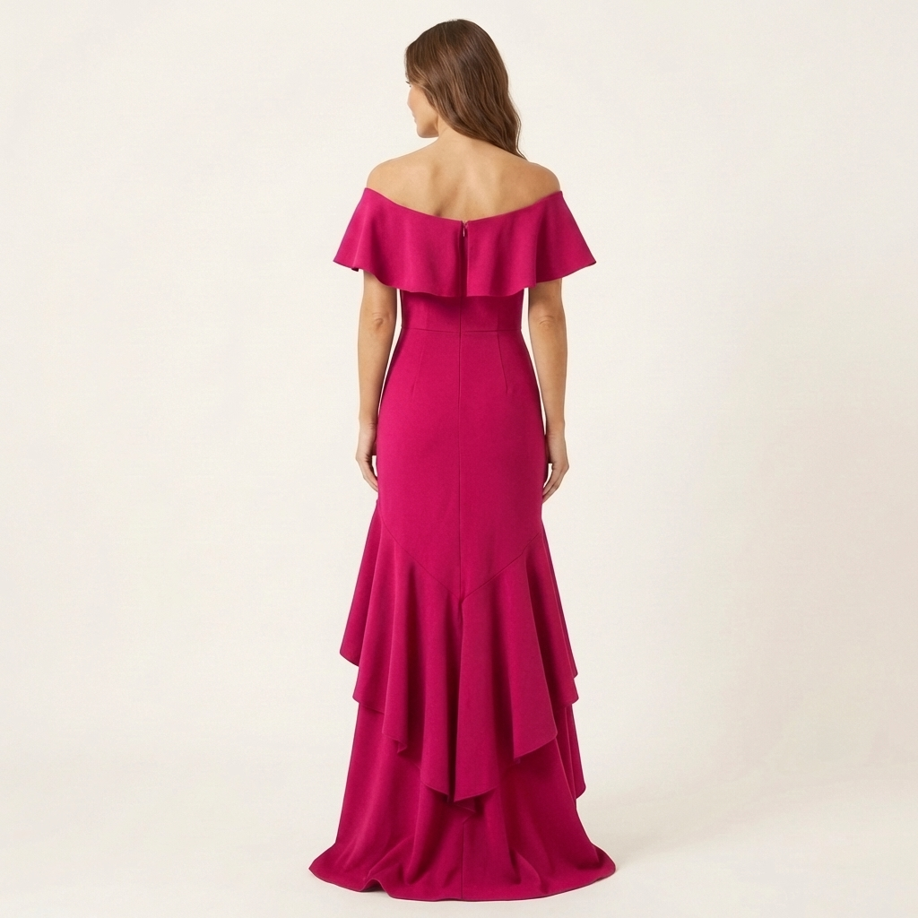 Fabienna | Off-Shoulder Ruffle Neck Mermaid Dress with Hi-Low Tiered Hem