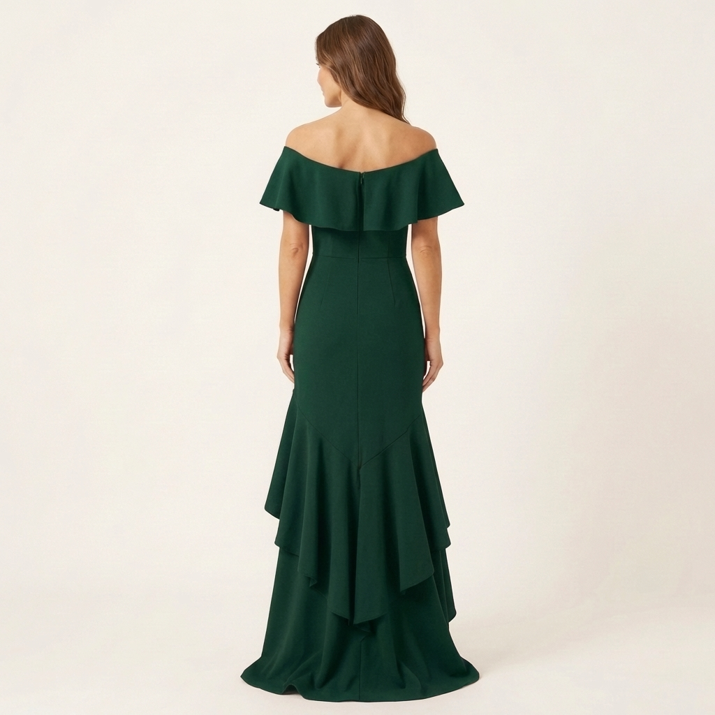 Fabienna | Off-Shoulder Ruffle Neck Mermaid Dress with Hi-Low Tiered Hem