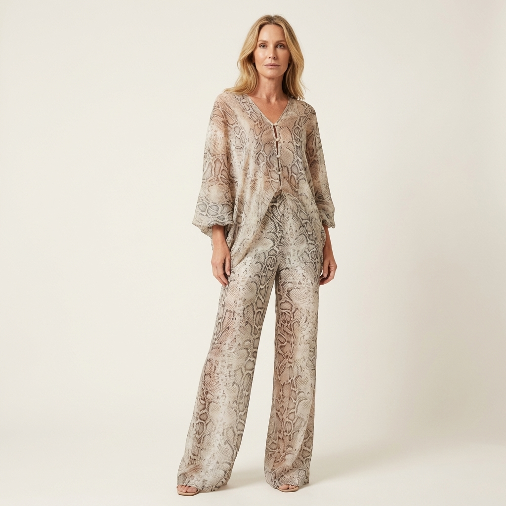 Anicia | Snake Print Batwing Blouse & Wide-Leg Trouser Set