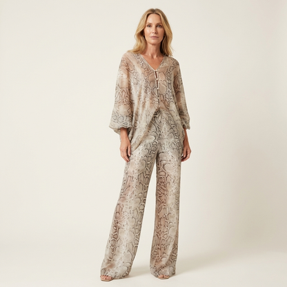 Anicia | Snake Print Batwing Blouse & Wide-Leg Trouser Set