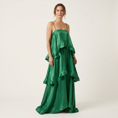 Cienna | Satin Tiered Ruffle Maxi Dress with Spaghetti Straps