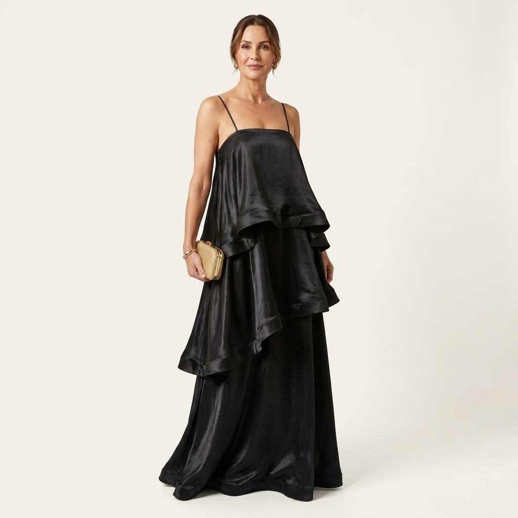 Cienna | Satin Tiered Ruffle Maxi Dress with Spaghetti Straps