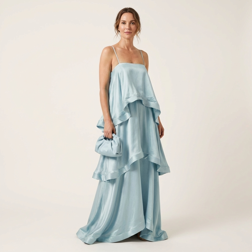 Cienna | Satin Tiered Ruffle Maxi Dress with Spaghetti Straps