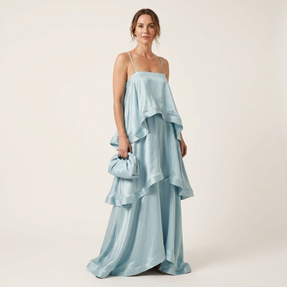 Cienna | Satin Tiered Ruffle Maxi Dress with Spaghetti Straps
