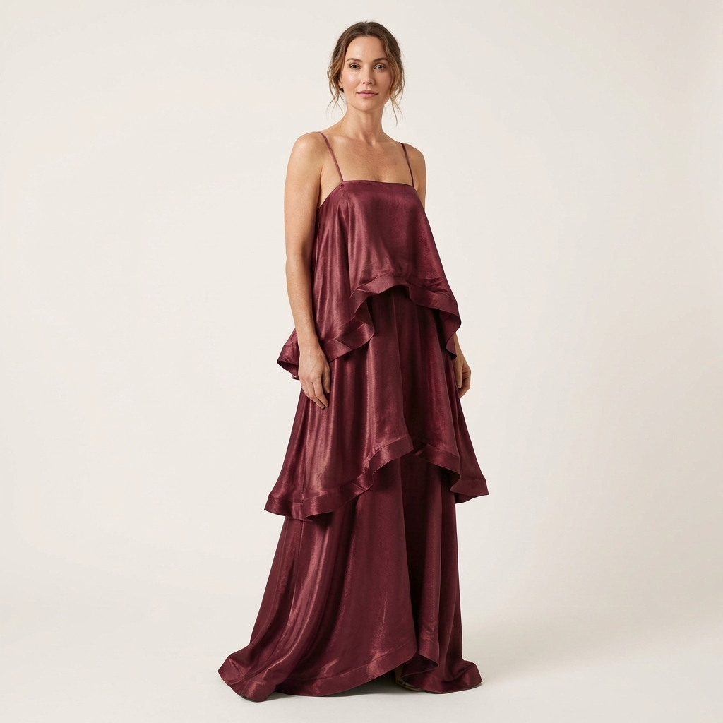 Cienna | Satin Tiered Ruffle Maxi Dress with Spaghetti Straps