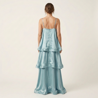 Cienna | Satin Tiered Ruffle Maxi Dress with Spaghetti Straps