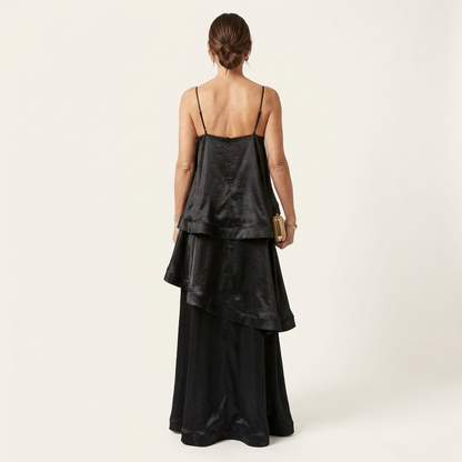 Cienna | Satin Tiered Ruffle Maxi Dress with Spaghetti Straps
