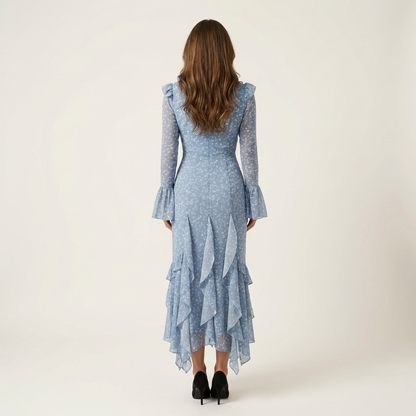 Selly | Floral Print Fitted Midi Dress with Ruffle V-Neck & Trumpet Sleeves