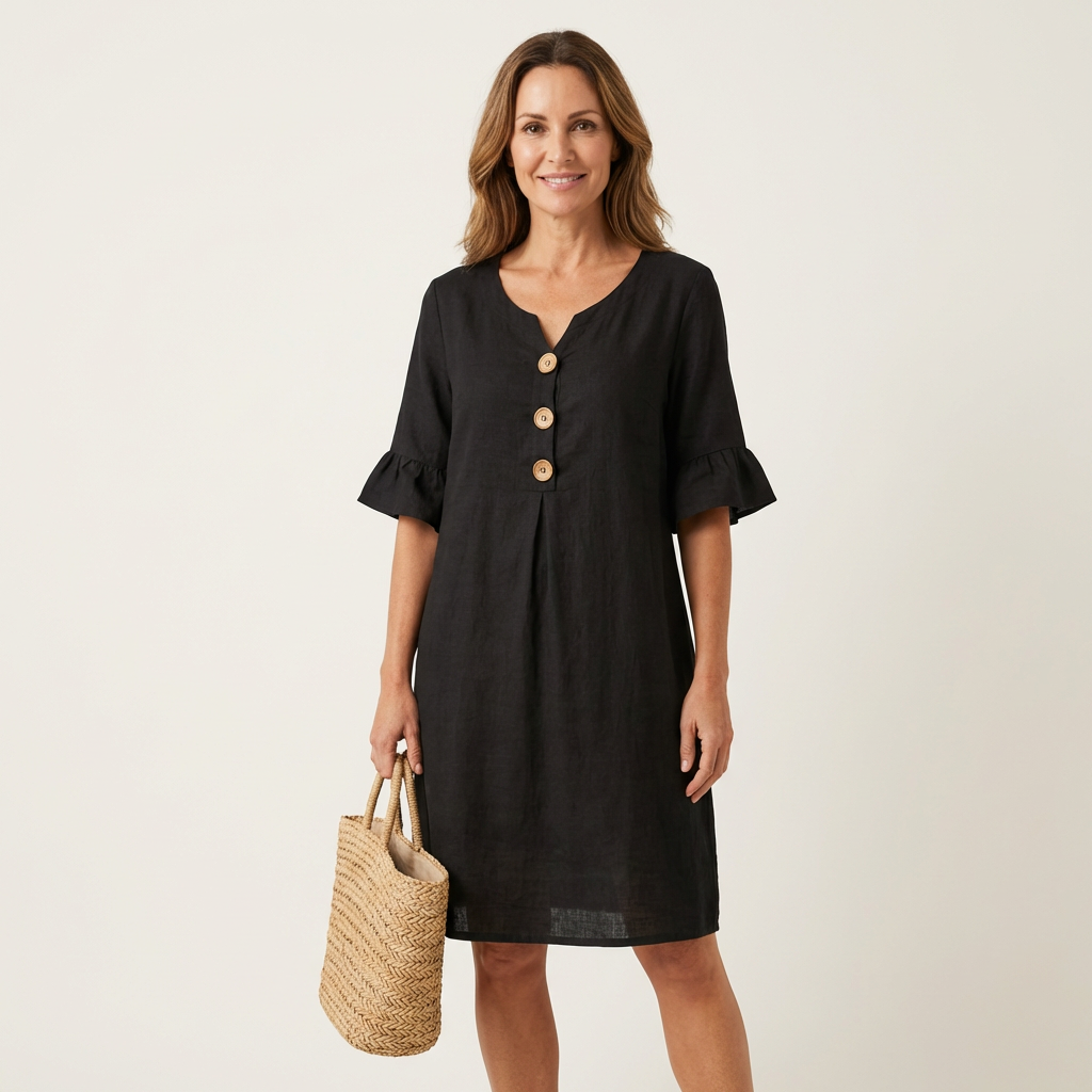 Rileya | Cotton-Linen Shift Dress with Button Front & Ruffle Sleeves