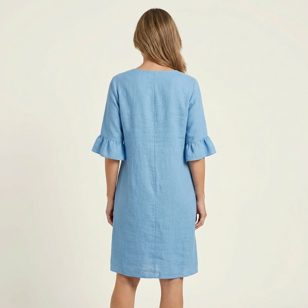 Rileya | Cotton-Linen Shift Dress with Button Front & Ruffle Sleeves
