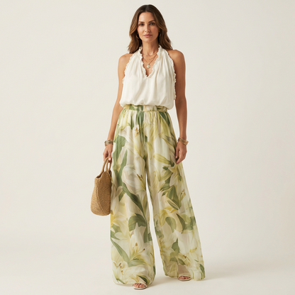 Mirelda | Floral Print Wide-Leg Trousers & Ruffled Halter Top Set
