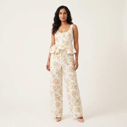 Victoria | Floral Print Peplum Top & Wide-Leg Drawstring Trouser Set