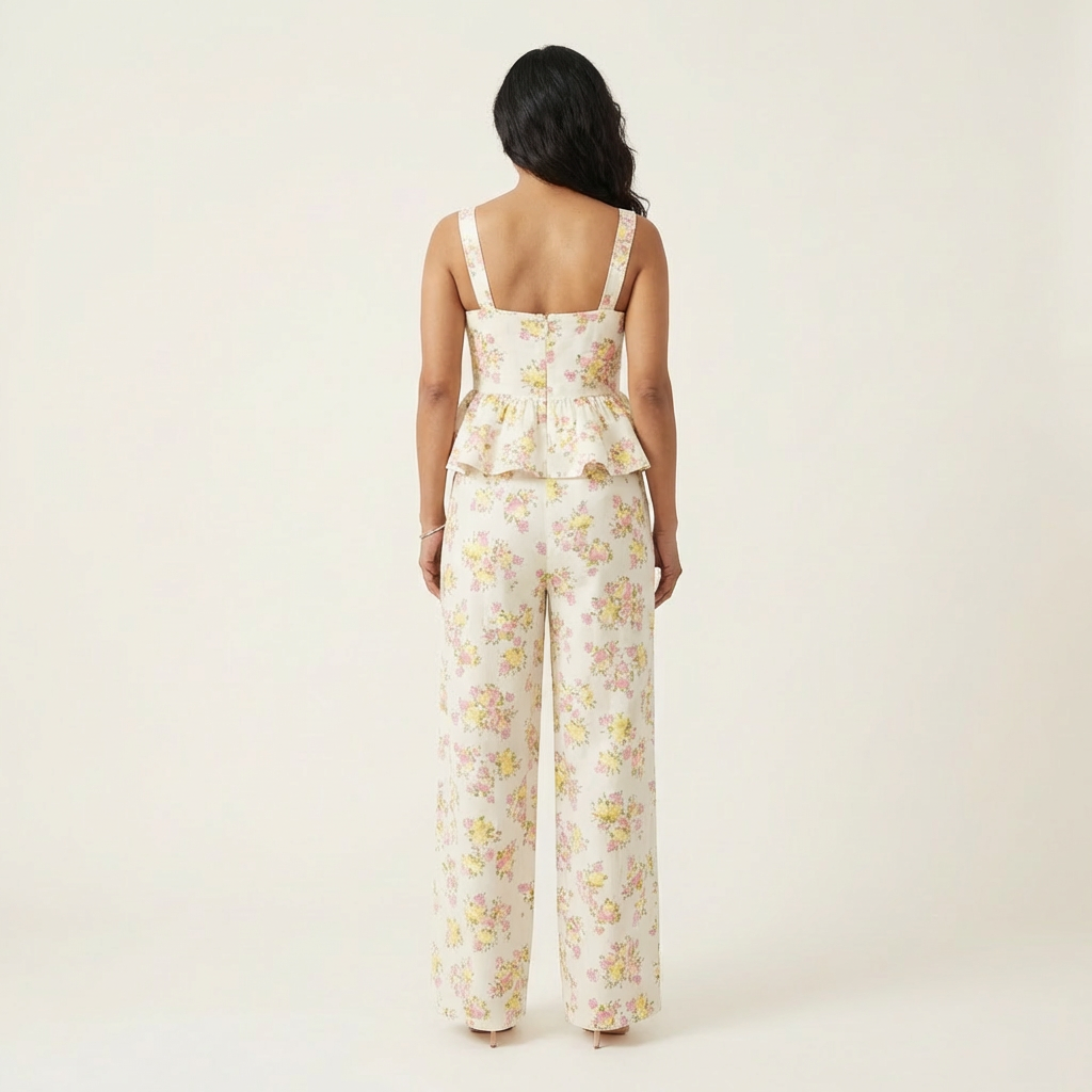 Victoria | Floral Print Peplum Top & Wide-Leg Drawstring Trouser Set