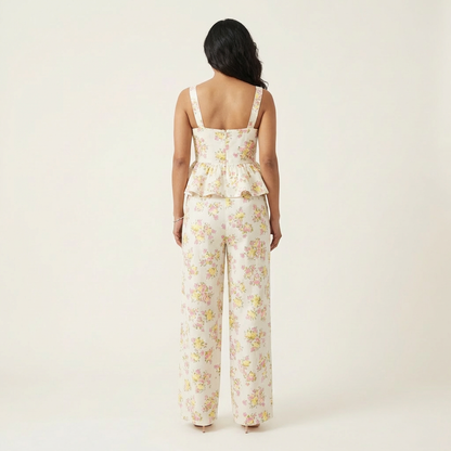 Victoria | Floral Print Peplum Top & Wide-Leg Drawstring Trouser Set