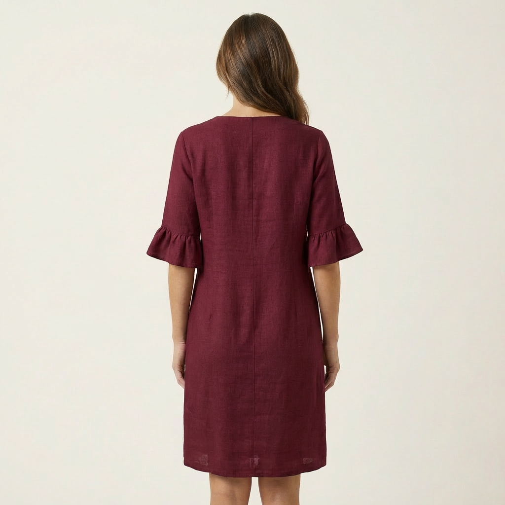Rileya | Cotton-Linen Shift Dress with Button Front & Ruffle Sleeves