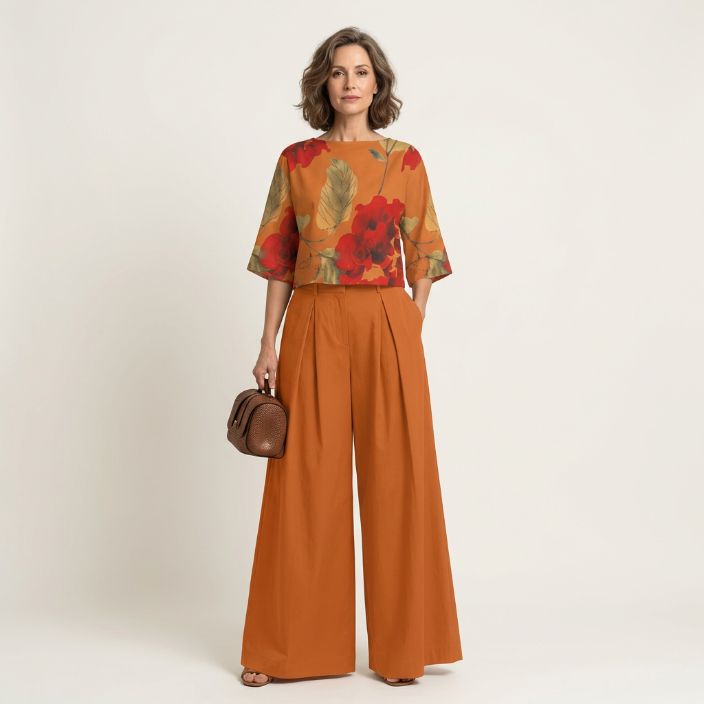 Driana | Floral Print Cropped Top & Pleated Wide-Leg Pant Set