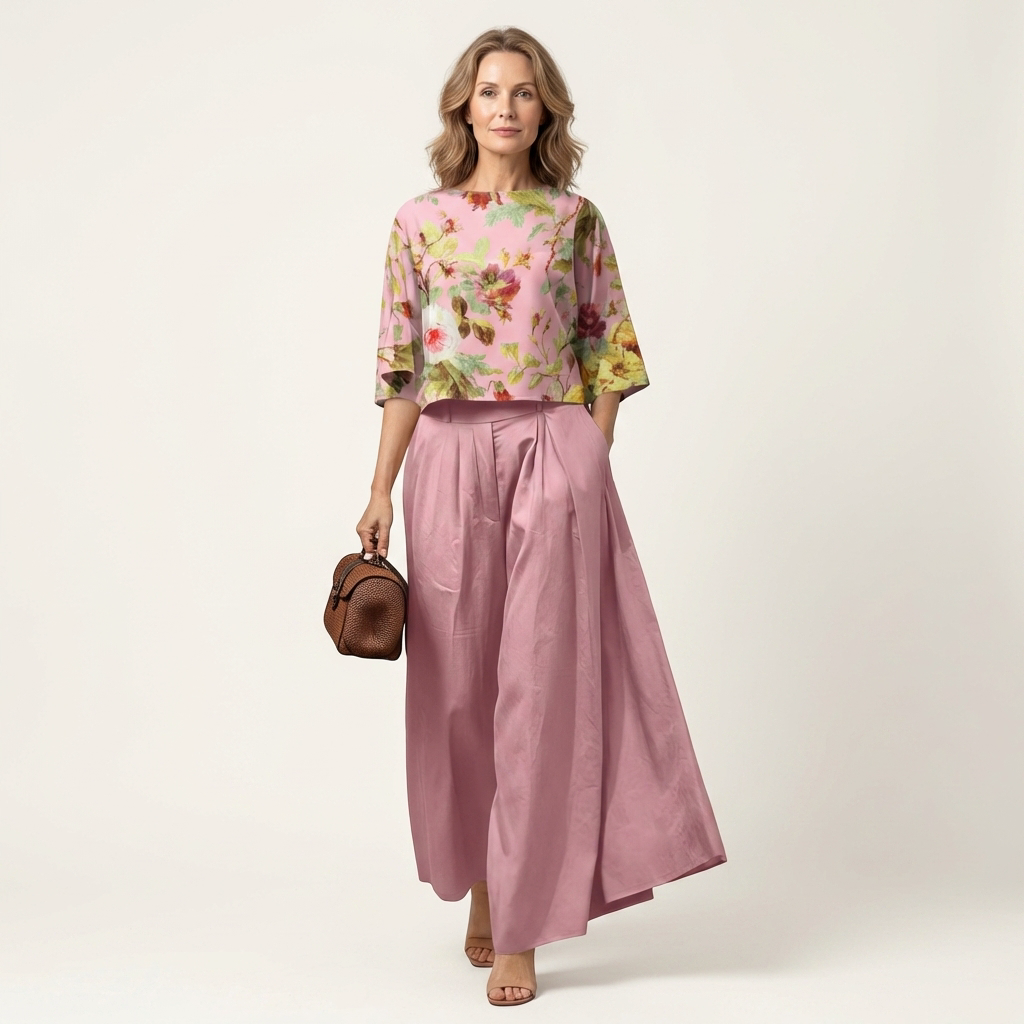 Driana | Floral Print Cropped Top & Pleated Wide-Leg Pant Set