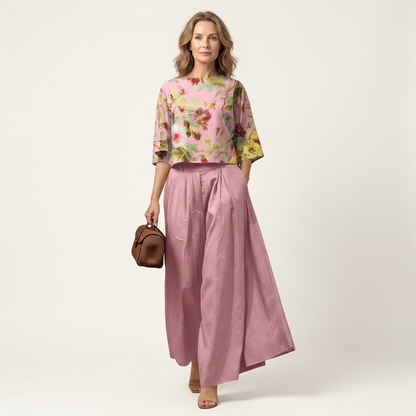 Driana | Floral Print Cropped Top & Pleated Wide-Leg Pant Set