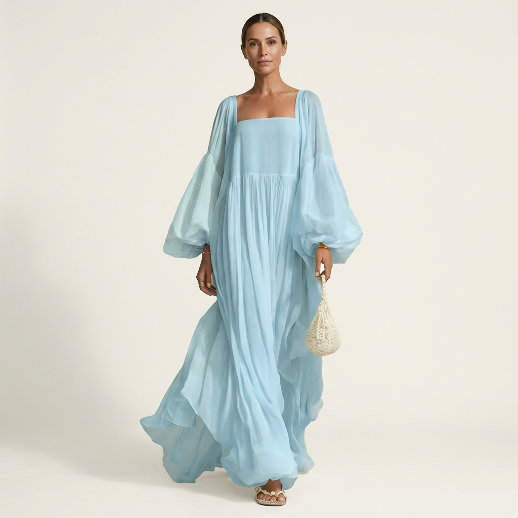 Naria | Square-Neck Lantern Sleeve Pleated Maxi Dress