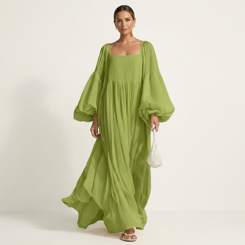Naria | Square-Neck Lantern Sleeve Pleated Maxi Dress