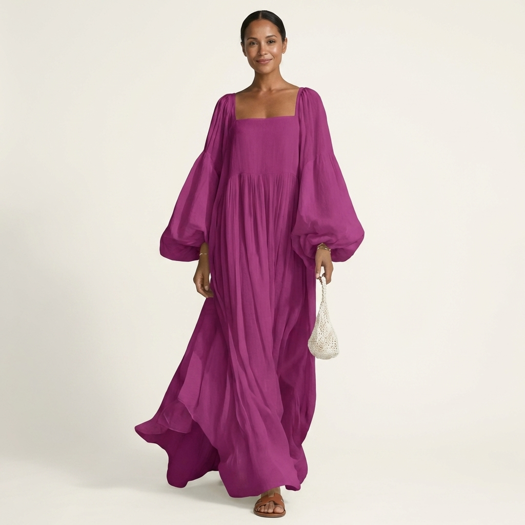 Naria | Square-Neck Lantern Sleeve Pleated Maxi Dress