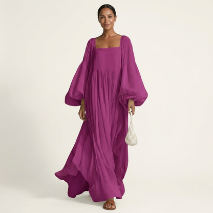 Naria | Square-Neck Lantern Sleeve Pleated Maxi Dress