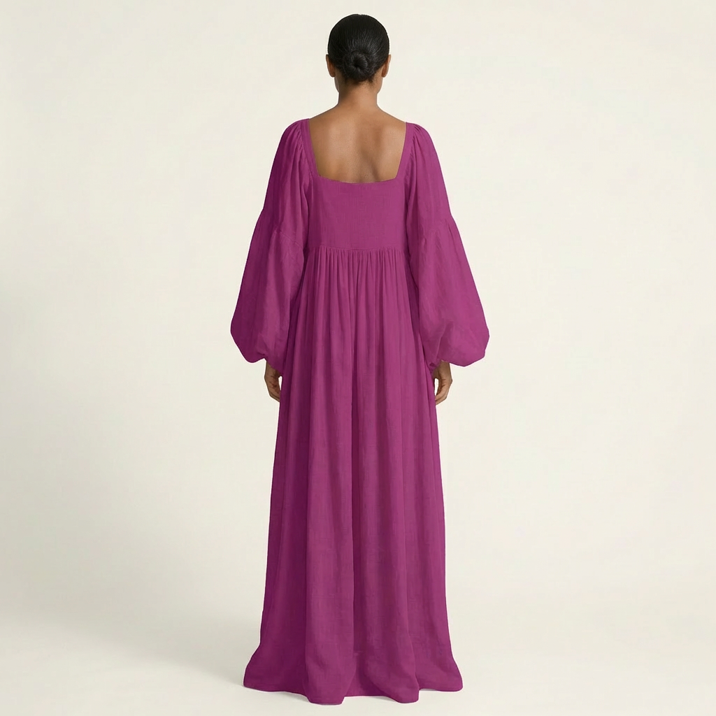 Naria | Square-Neck Lantern Sleeve Pleated Maxi Dress