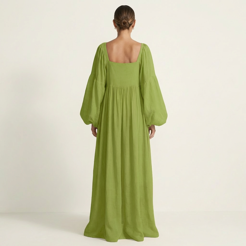Naria | Square-Neck Lantern Sleeve Pleated Maxi Dress