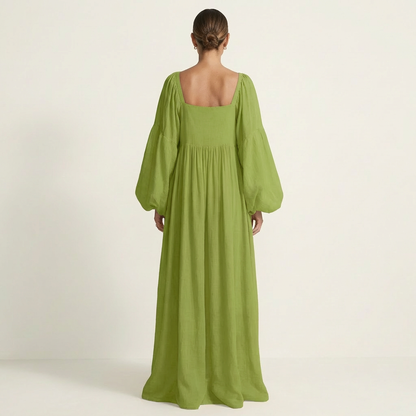 Naria | Square-Neck Lantern Sleeve Pleated Maxi Dress