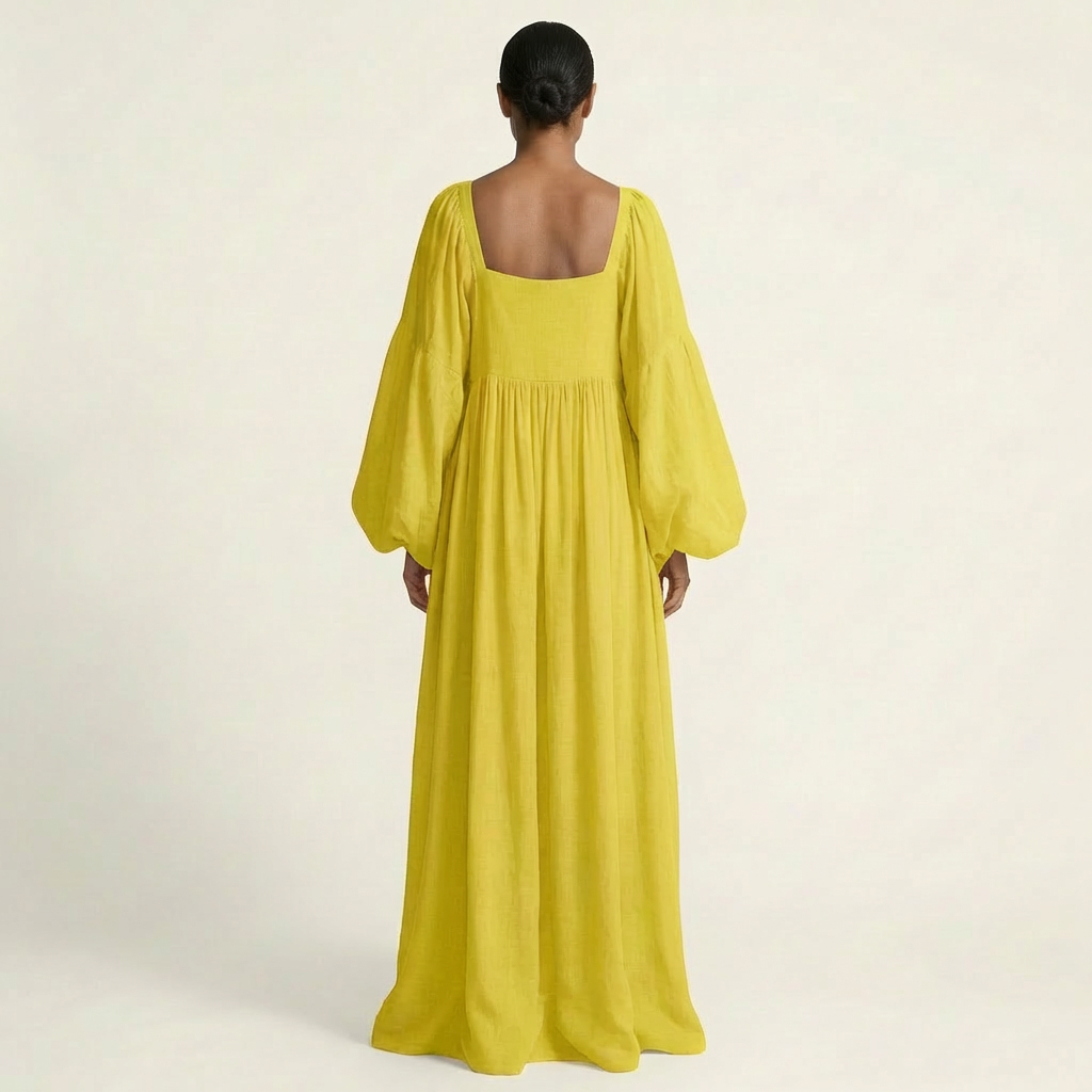 Naria | Square-Neck Lantern Sleeve Pleated Maxi Dress