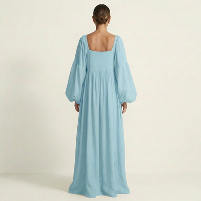 Naria | Square-Neck Lantern Sleeve Pleated Maxi Dress