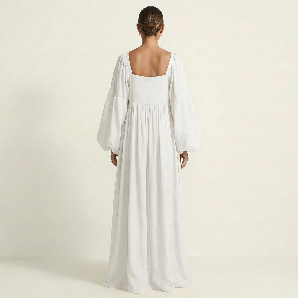 Naria | Square-Neck Lantern Sleeve Pleated Maxi Dress