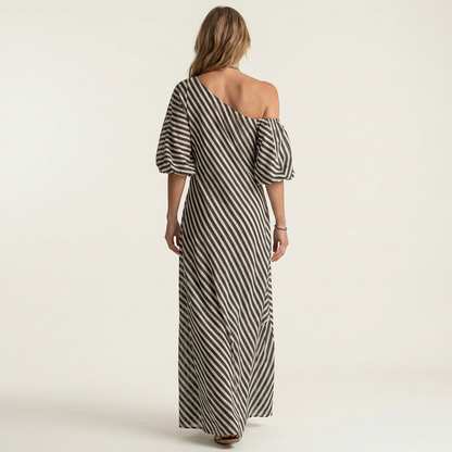 Gelina | One-Shoulder Striped Maxi Dress with Puff Sleeves & Side Pockets