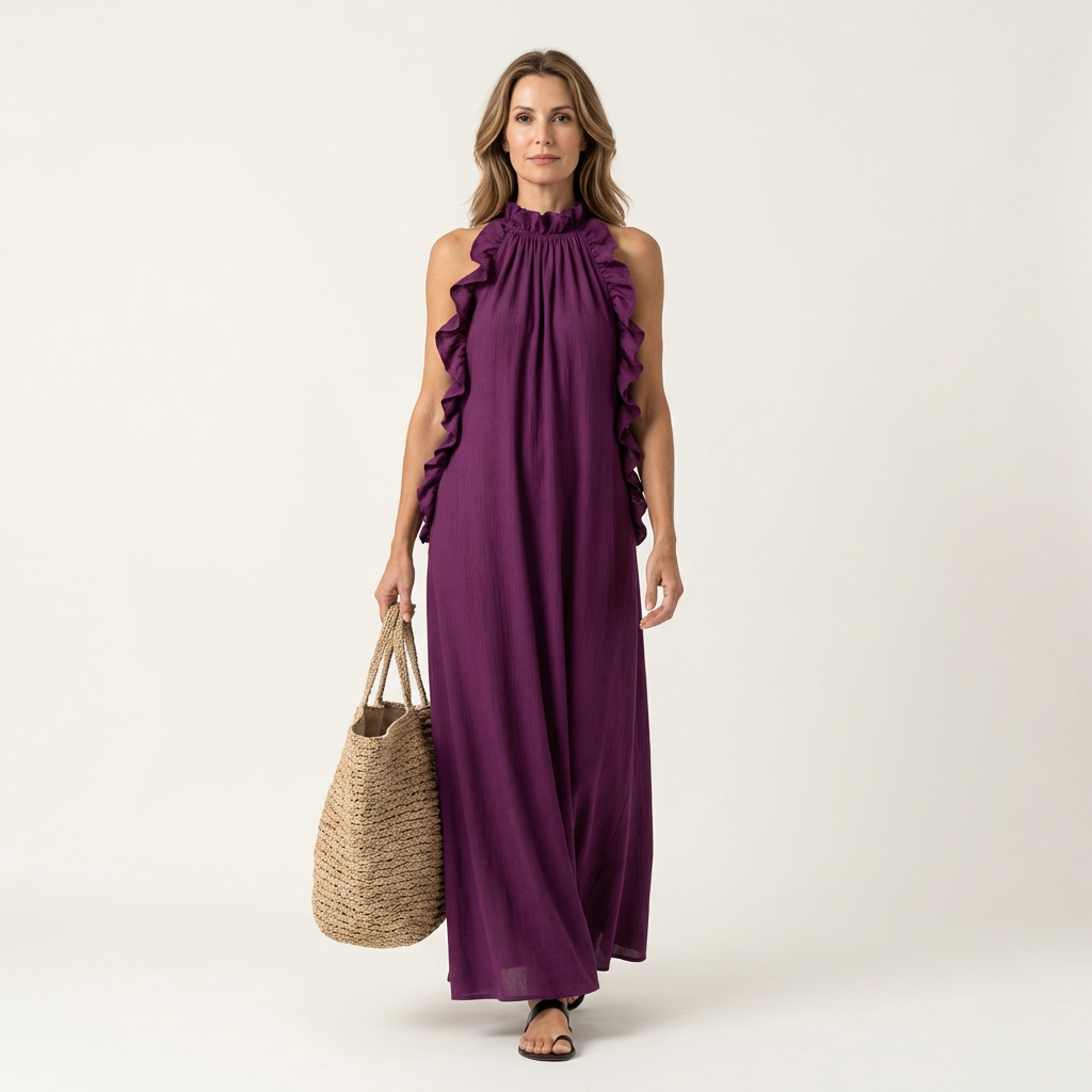 Lyara | Halter Neck Ruffle-Trim Maxi Dress with Open Back & Side Pockets