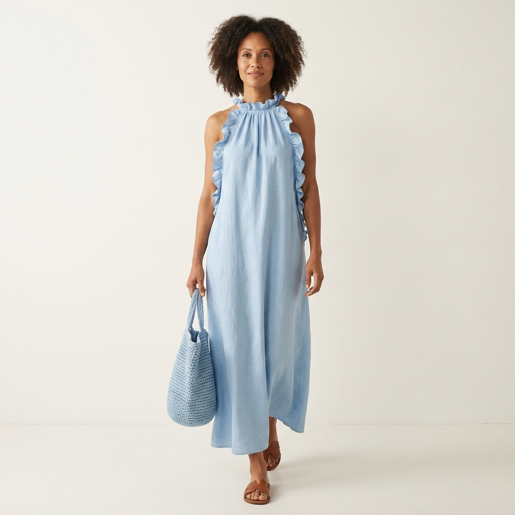 Lyara | Halter Neck Ruffle-Trim Maxi Dress with Open Back & Side Pockets