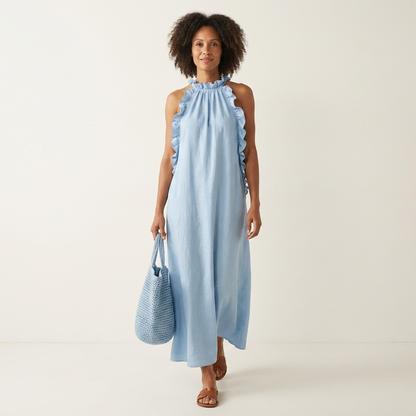 Lyara | Halter Neck Ruffle-Trim Maxi Dress with Open Back & Side Pockets